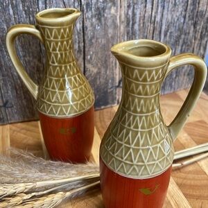 VINTAGE | Artisan | Textured Ceramic w/Wood | 70’s |Oil & Vinegar |Jars/Pitchers